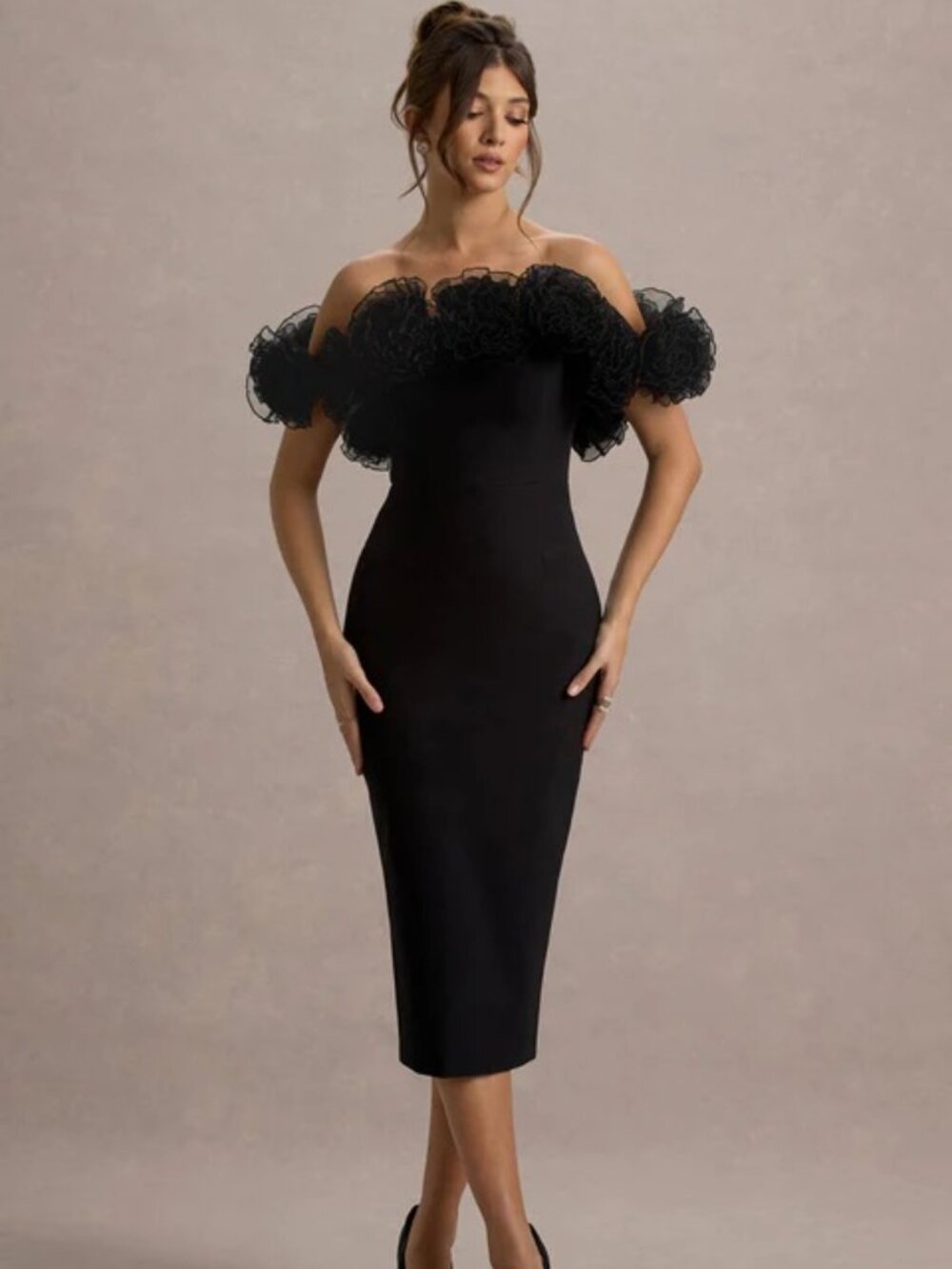 Club L London Alizzi Black Bardot Midi Dress With Ruffle Trim